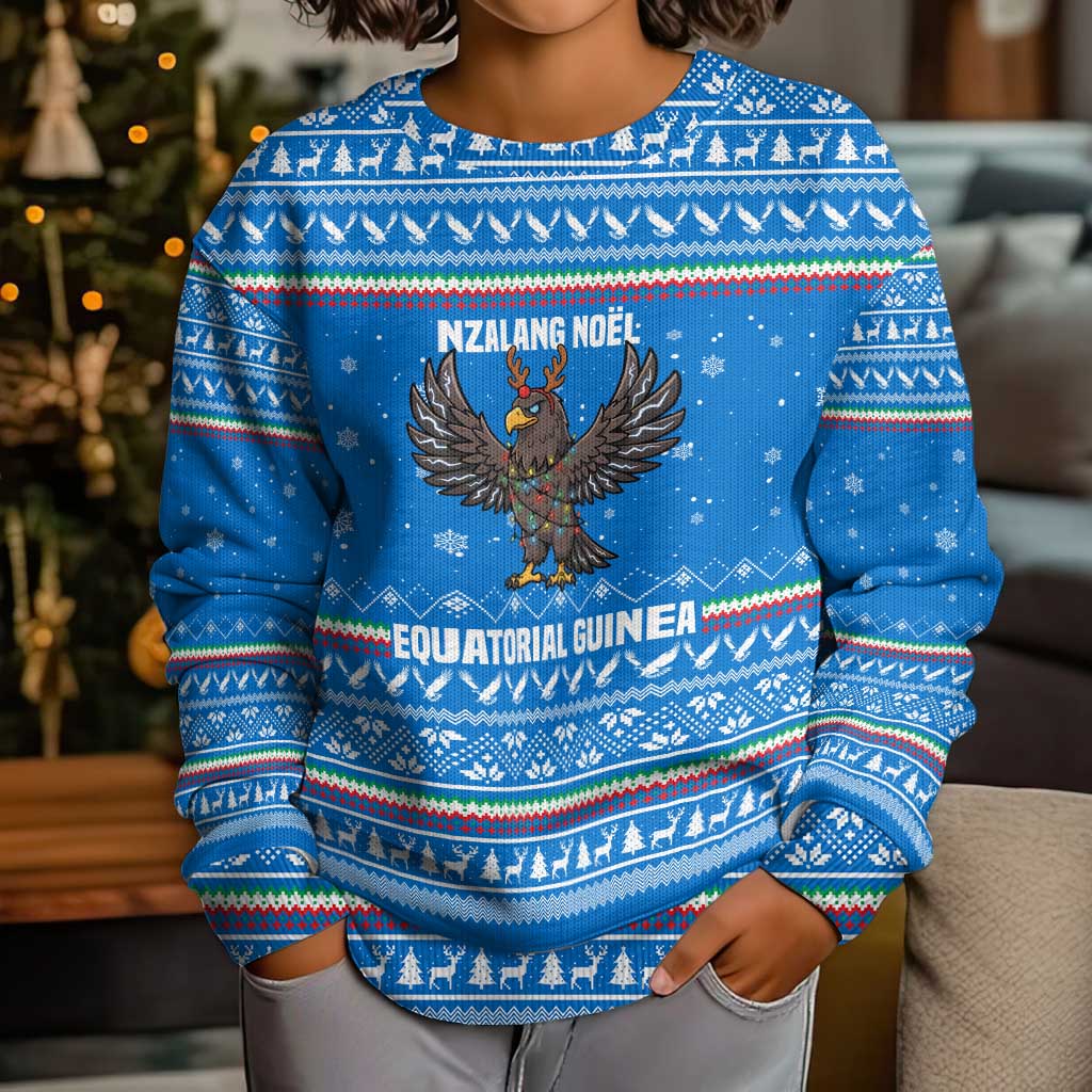 Equatorial Guinea Christmas Kid Ugly Christmas Sweater with Nzalang Noel Eagle Flag Snowflakes and Blue Holiday - Wonder Print Shop