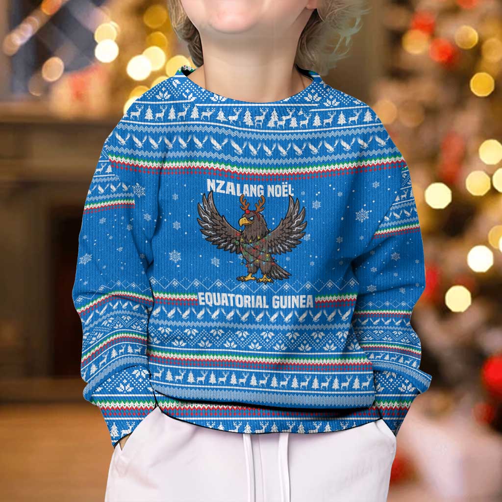 Equatorial Guinea Christmas Kid Ugly Christmas Sweater with Nzalang Noel Eagle Flag Snowflakes and Blue Holiday - Wonder Print Shop