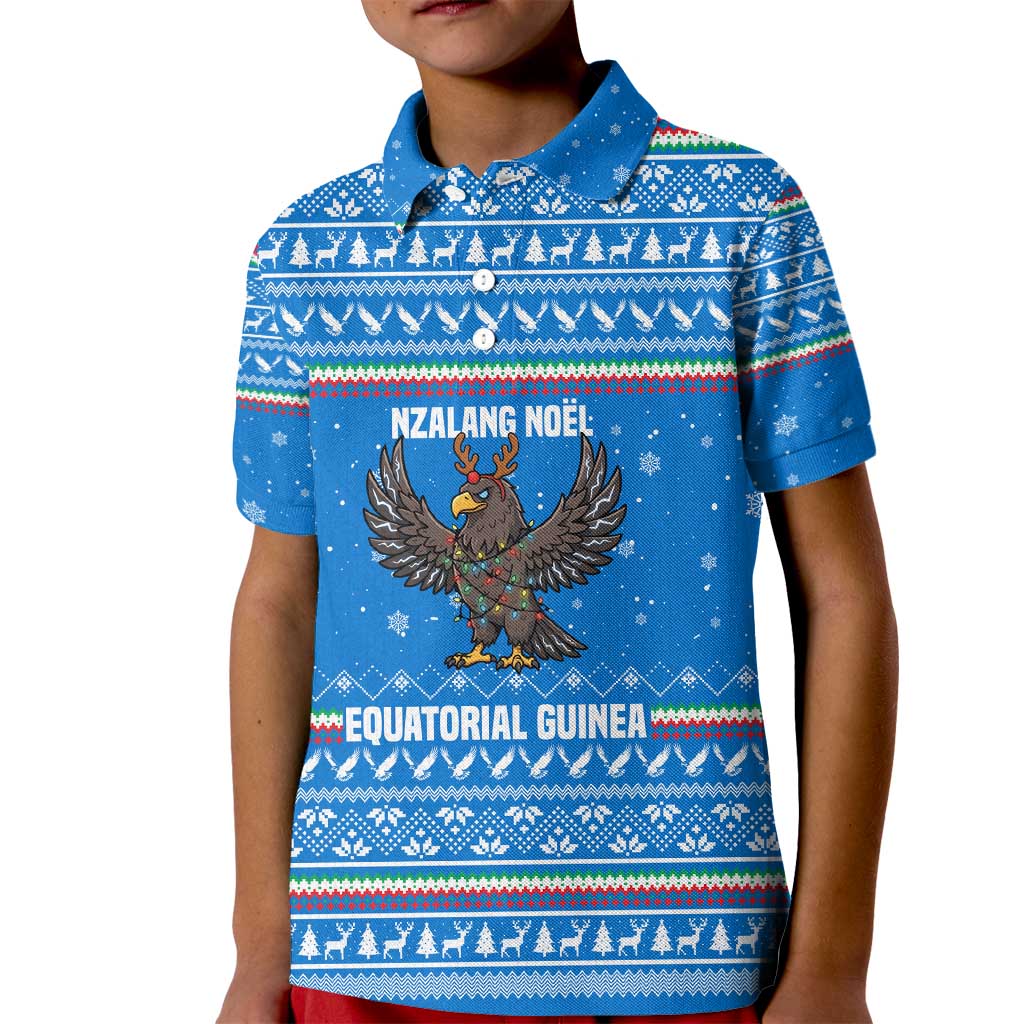 Equatorial Guinea Christmas Kid Polo Shirt with Nzalang Noel Eagle Flag Snowflakes and Blue Holiday - Wonder Print Shop