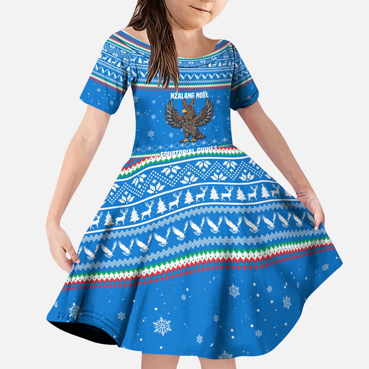 Equatorial Guinea Christmas Kid Short Sleeve Dress with Nzalang Noel Eagle Flag Snowflakes and Blue Holiday - Wonder Print Shop