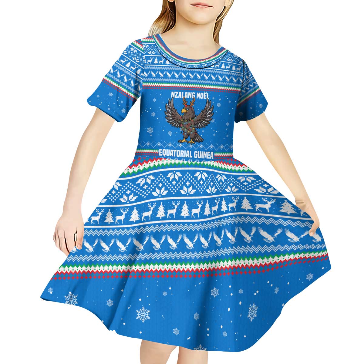 Equatorial Guinea Christmas Kid Short Sleeve Dress with Nzalang Noel Eagle Flag Snowflakes and Blue Holiday - Wonder Print Shop