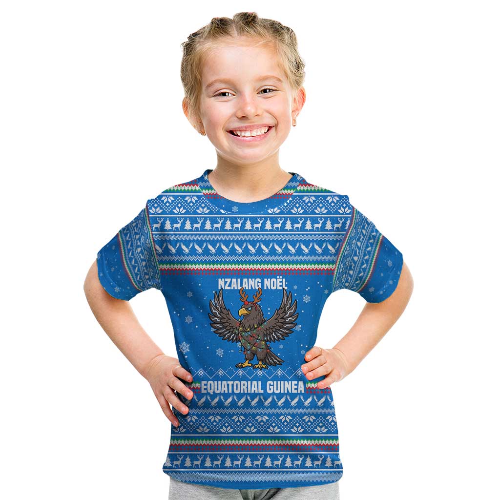 Equatorial Guinea Christmas Kid T Shirt with Nzalang Noel Eagle Flag Snowflakes and Blue Holiday - Wonder Print Shop