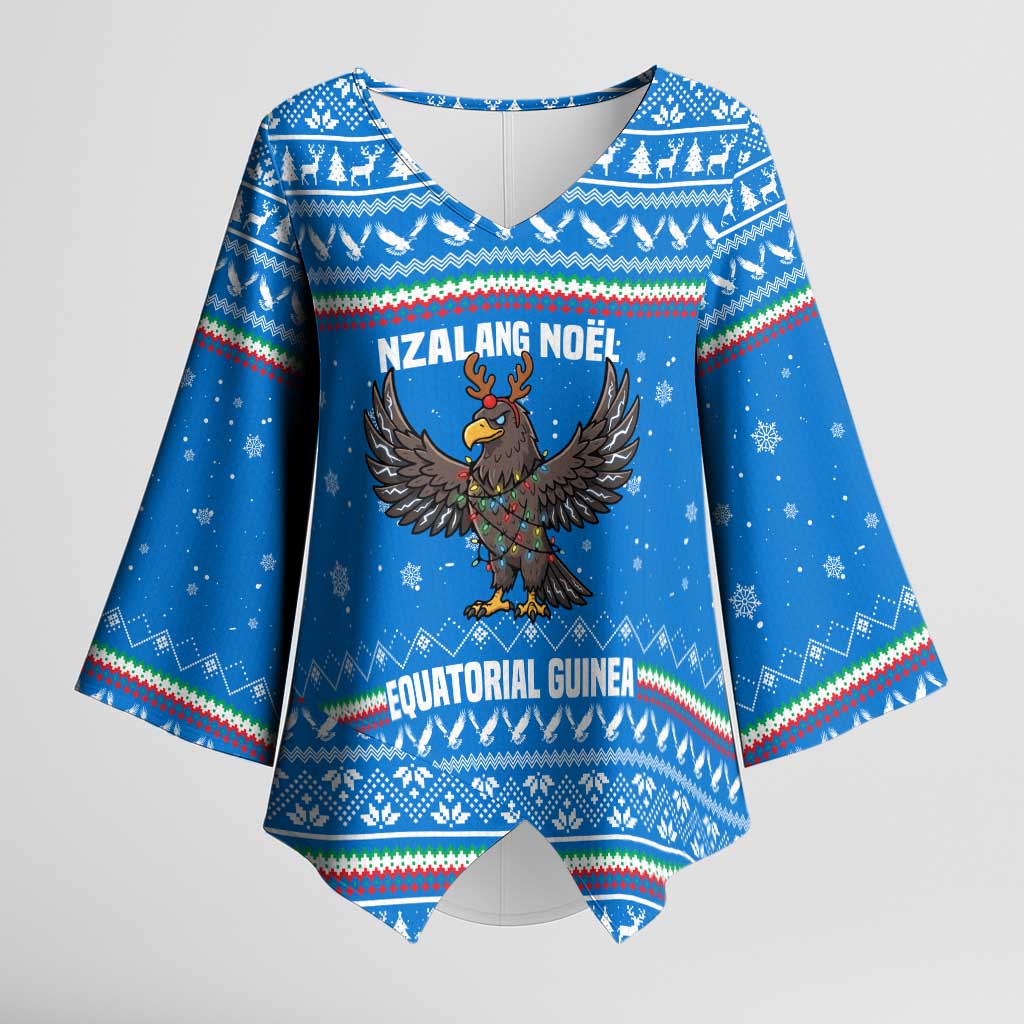Equatorial Guinea Christmas Kimono Sleeve Blouse with Nzalang Noel Eagle Flag Snowflakes and Blue Holiday - Wonder Print Shop