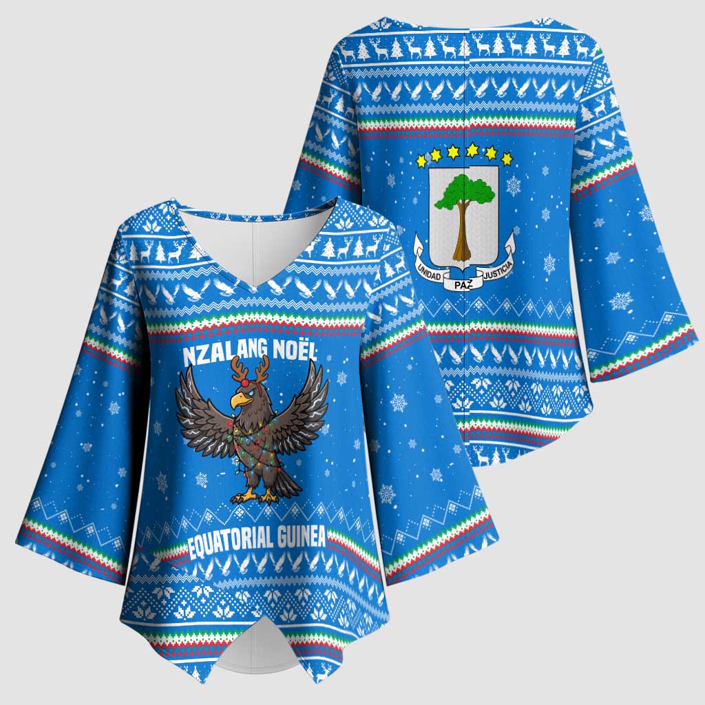 Equatorial Guinea Christmas Kimono Sleeve Blouse with Nzalang Noel Eagle Flag Snowflakes and Blue Holiday - Wonder Print Shop