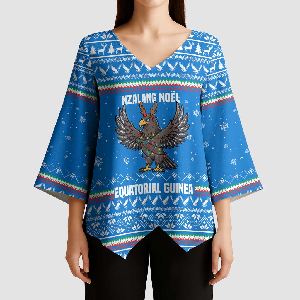Equatorial Guinea Christmas Kimono Sleeve Blouse with Nzalang Noel Eagle Flag Snowflakes and Blue Holiday - Wonder Print Shop