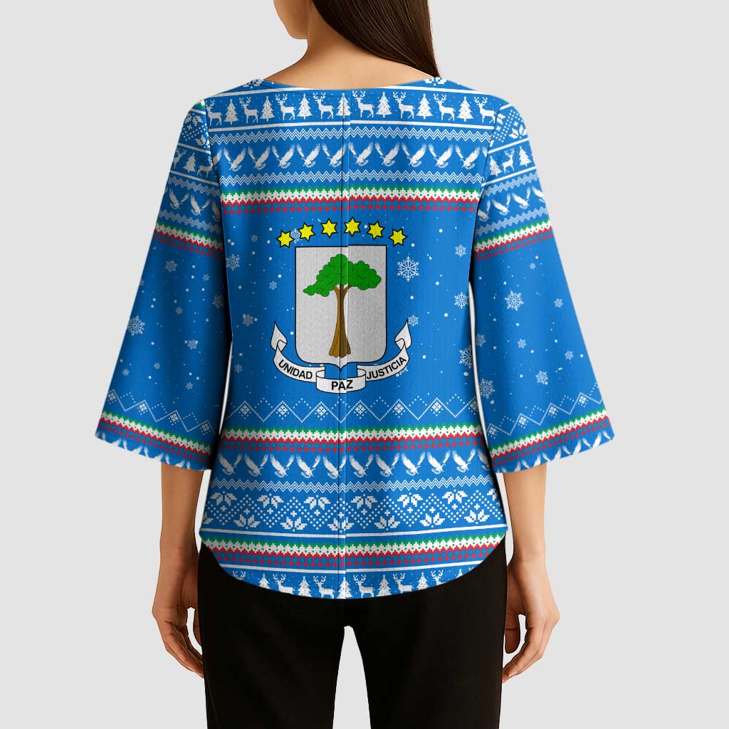 Equatorial Guinea Christmas Kimono Sleeve Blouse with Nzalang Noel Eagle Flag Snowflakes and Blue Holiday - Wonder Print Shop