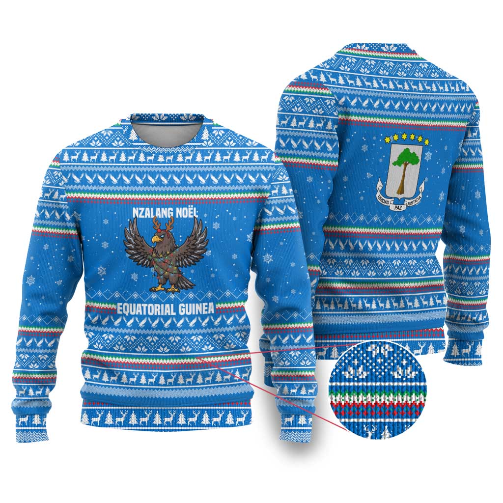 Equatorial Guinea Christmas Ugly Christmas Sweater with Nzalang Noel Eagle Flag Snowflakes and Blue Holiday - Wonder Print Shop