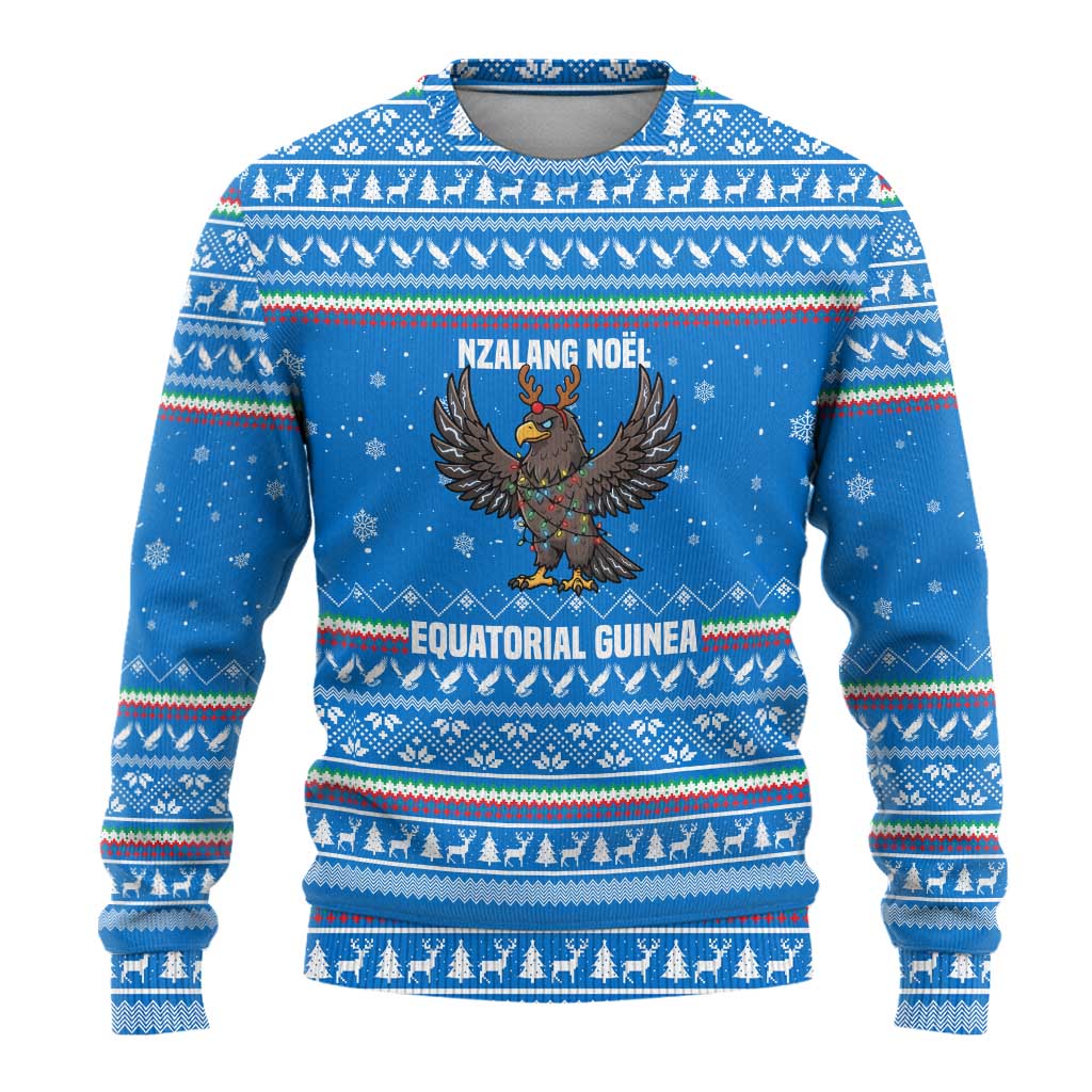 Equatorial Guinea Christmas Ugly Christmas Sweater with Nzalang Noel Eagle Flag Snowflakes and Blue Holiday - Wonder Print Shop