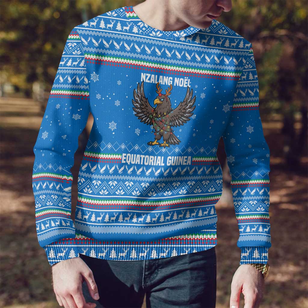 Equatorial Guinea Christmas Ugly Christmas Sweater with Nzalang Noel Eagle Flag Snowflakes and Blue Holiday - Wonder Print Shop