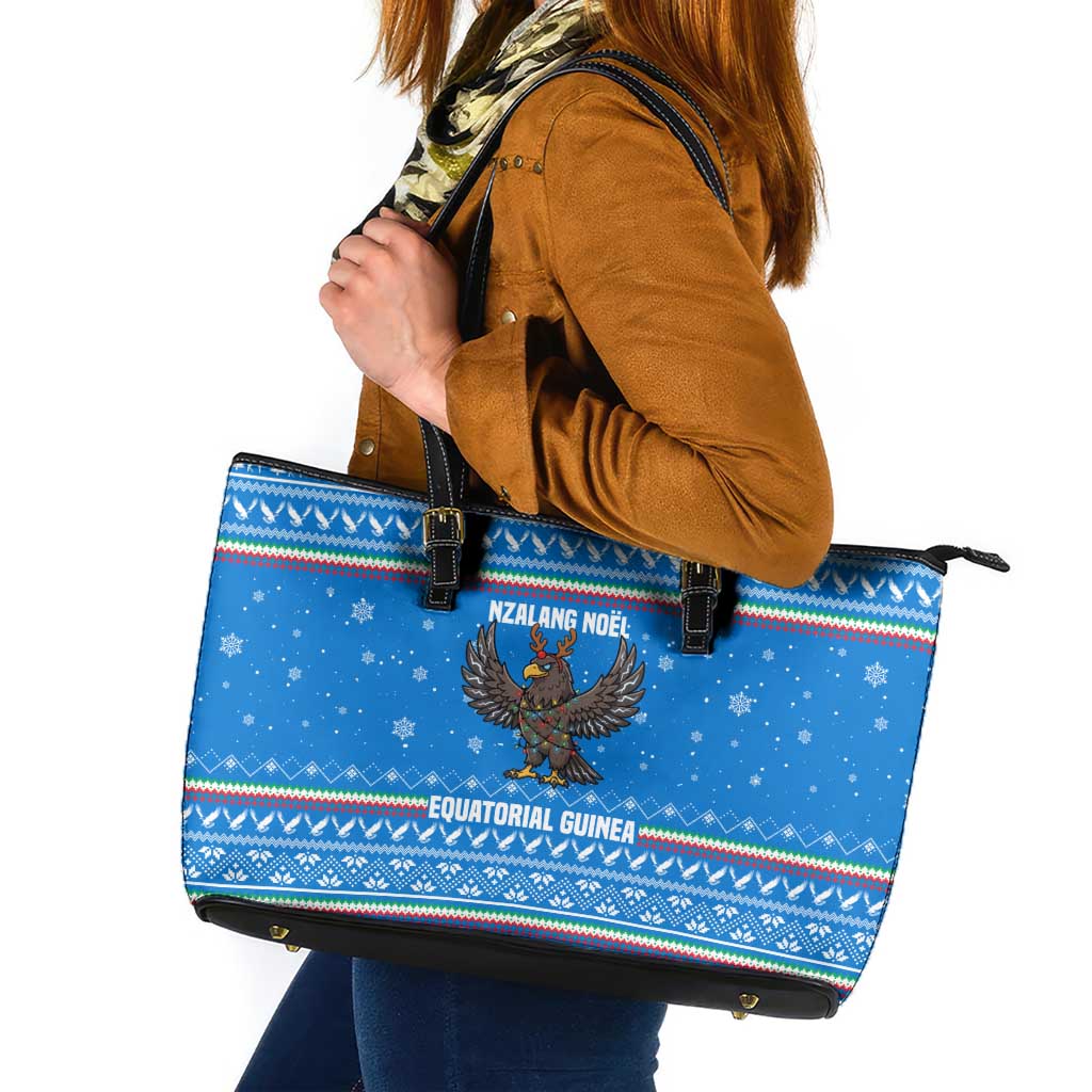 Equatorial Guinea Christmas Leather Tote Bag with Nzalang Noel Eagle Flag Snowflakes and Blue Holiday - Wonder Print Shop