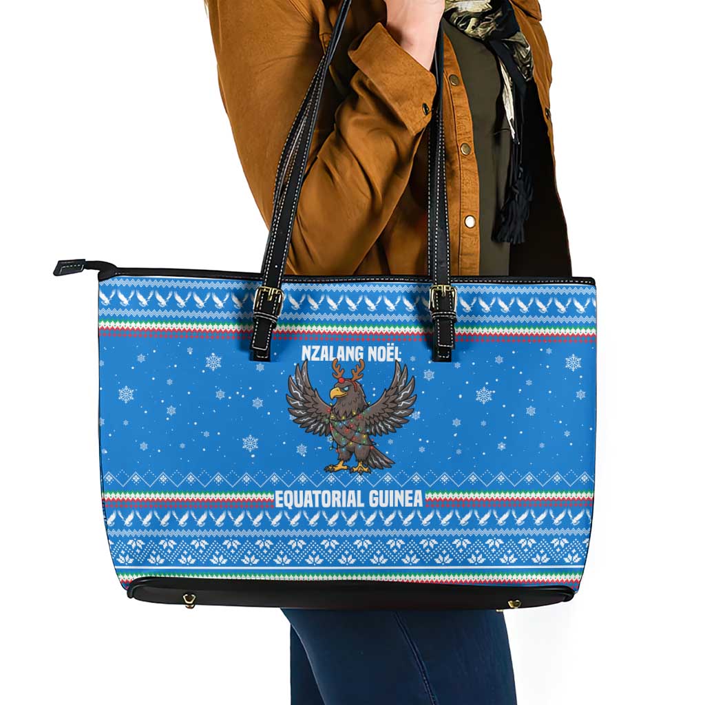 Equatorial Guinea Christmas Leather Tote Bag with Nzalang Noel Eagle Flag Snowflakes and Blue Holiday - Wonder Print Shop