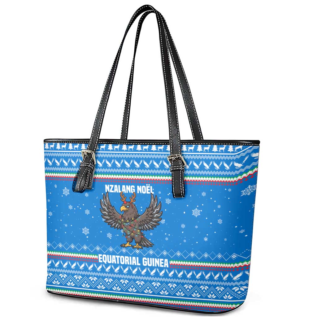 Equatorial Guinea Christmas Leather Tote Bag with Nzalang Noel Eagle Flag Snowflakes and Blue Holiday - Wonder Print Shop
