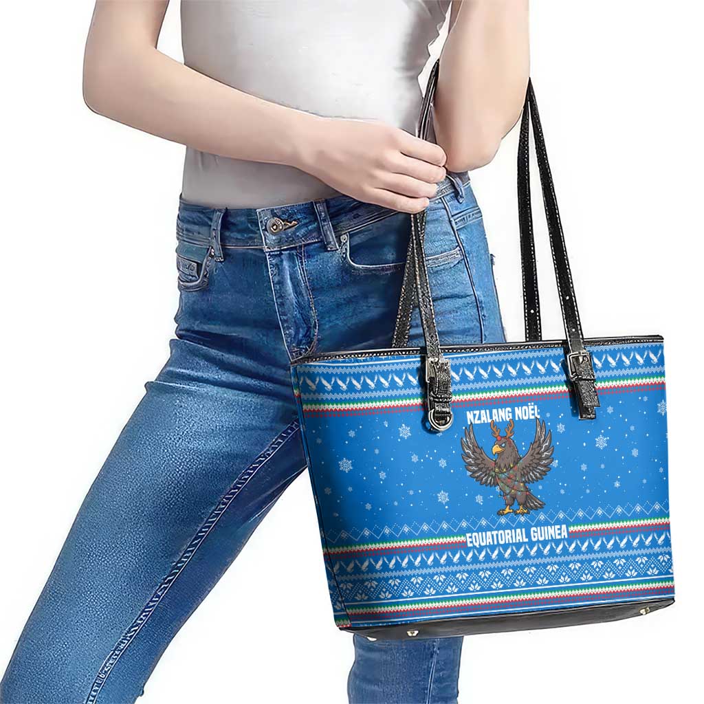 Equatorial Guinea Christmas Leather Tote Bag with Nzalang Noel Eagle Flag Snowflakes and Blue Holiday - Wonder Print Shop