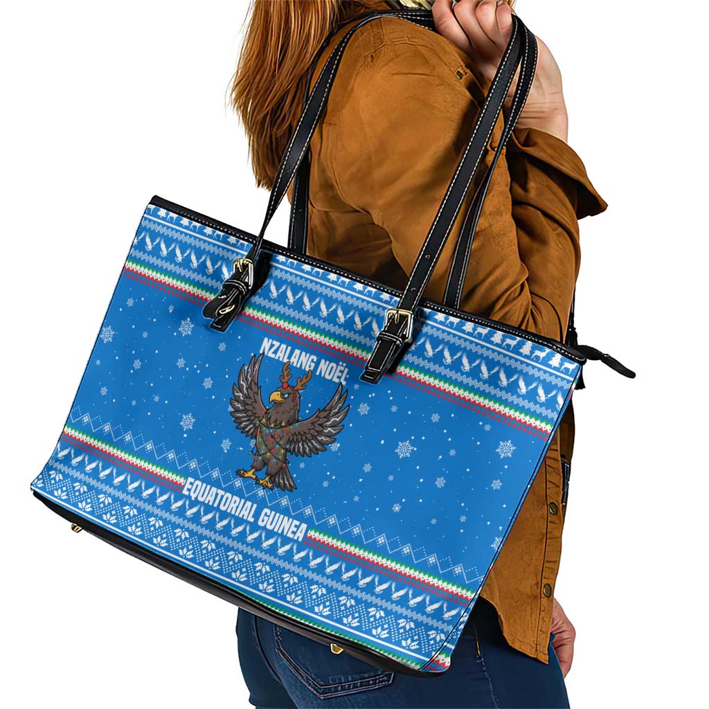 Equatorial Guinea Christmas Leather Tote Bag with Nzalang Noel Eagle Flag Snowflakes and Blue Holiday - Wonder Print Shop