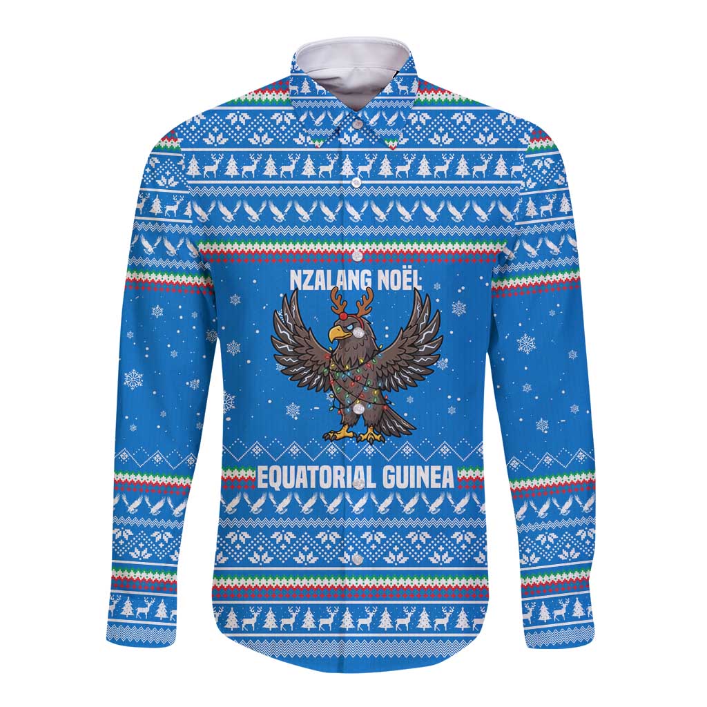 Equatorial Guinea Christmas Long Sleeve Button Shirt with Nzalang Noel Eagle Flag Snowflakes and Blue Holiday - Wonder Print Shop