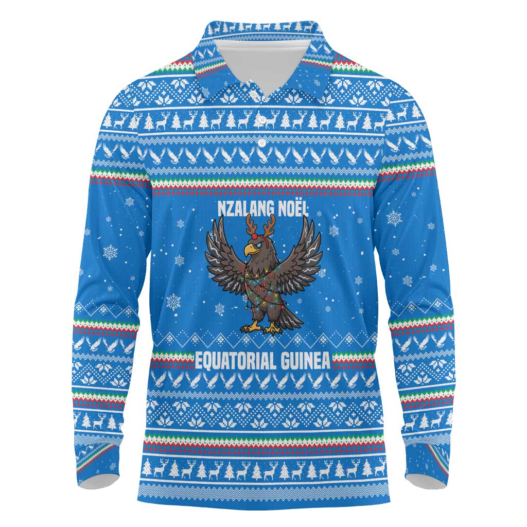 Equatorial Guinea Christmas Long Sleeve Polo Shirt with Nzalang Noel Eagle Flag Snowflakes and Blue Holiday - Wonder Print Shop