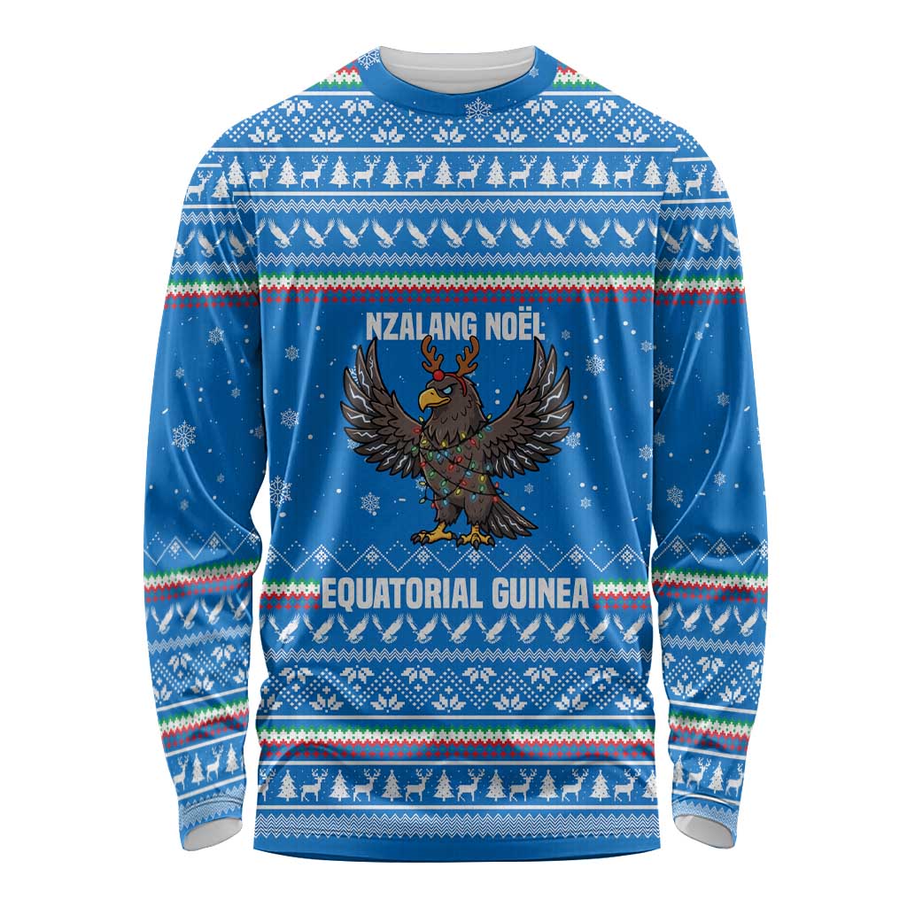 Equatorial Guinea Christmas Long Sleeve Shirt with Nzalang Noel Eagle Flag Snowflakes and Blue Holiday - Wonder Print Shop