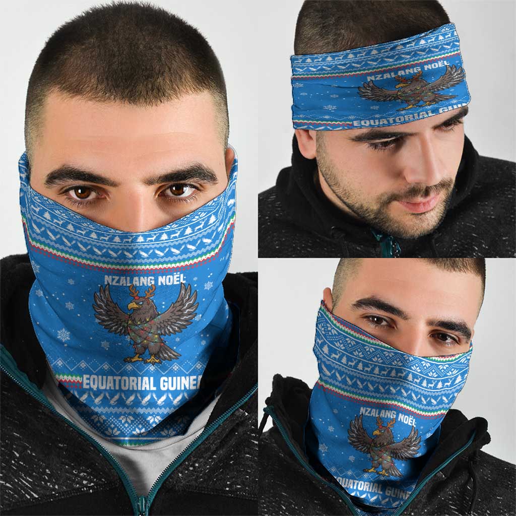Equatorial Guinea Christmas Neck Gaiter with Nzalang Noel Eagle Flag Snowflakes and Blue Holiday - Wonder Print Shop