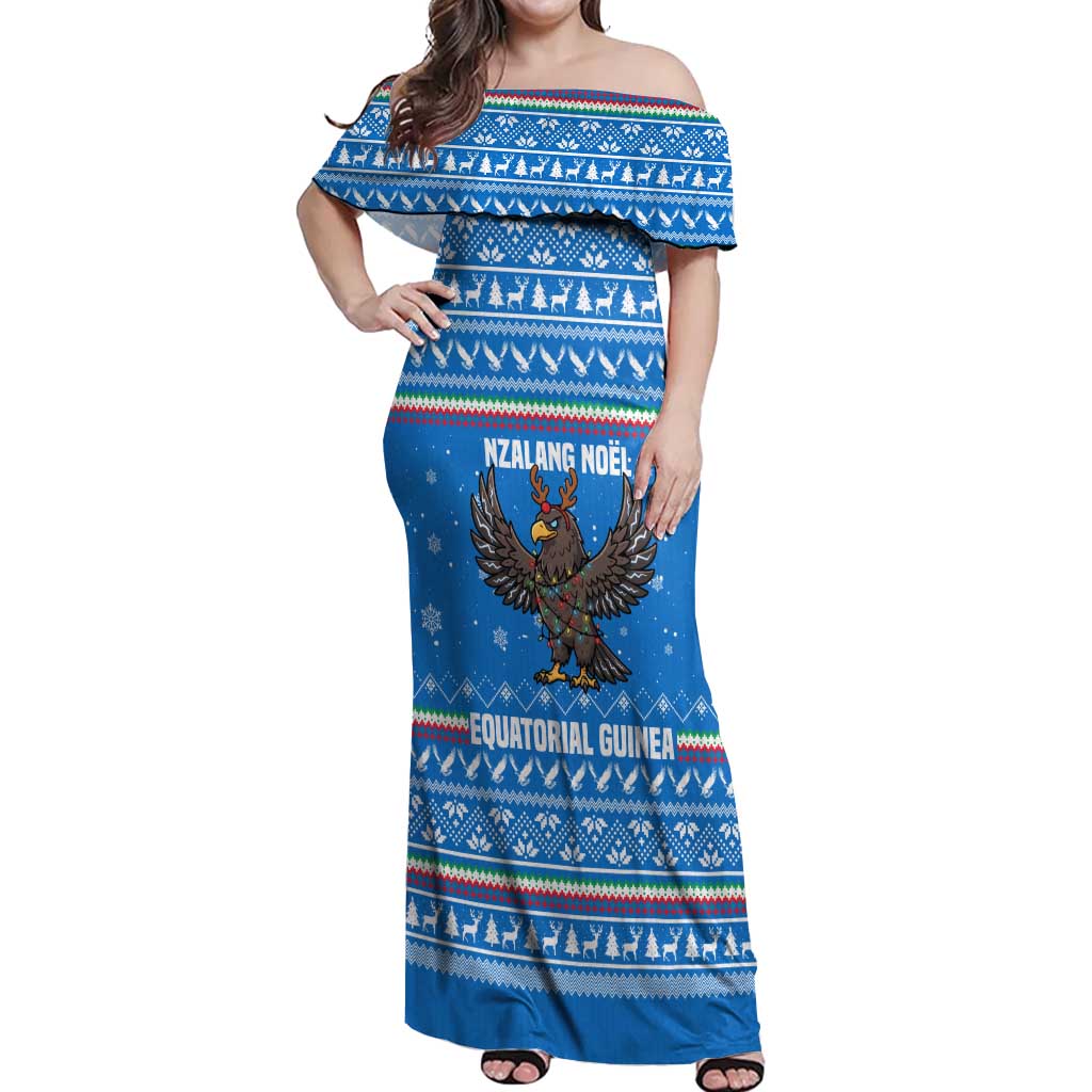 Equatorial Guinea Christmas Off Shoulder Maxi Dress with Nzalang Noel Eagle Flag Snowflakes and Blue Holiday - Wonder Print Shop