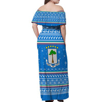 Equatorial Guinea Christmas Off Shoulder Maxi Dress with Nzalang Noel Eagle Flag Snowflakes and Blue Holiday - Wonder Print Shop