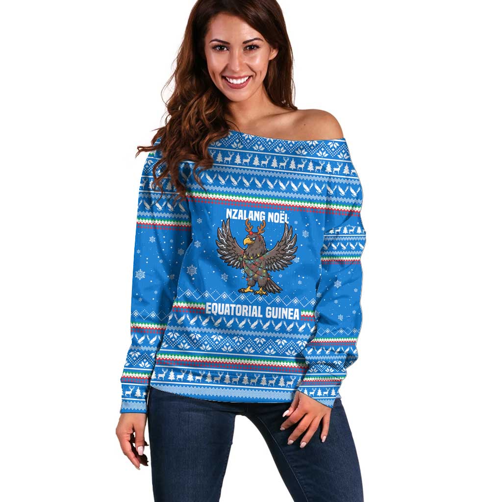 Equatorial Guinea Christmas Off Shoulder Sweater with Nzalang Noel Eagle Flag Snowflakes and Blue Holiday - Wonder Print Shop