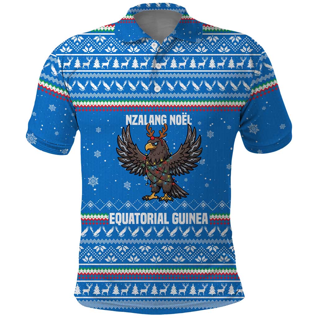 Equatorial Guinea Christmas Polo Shirt with Nzalang Noel Eagle Flag Snowflakes and Blue Holiday - Wonder Print Shop