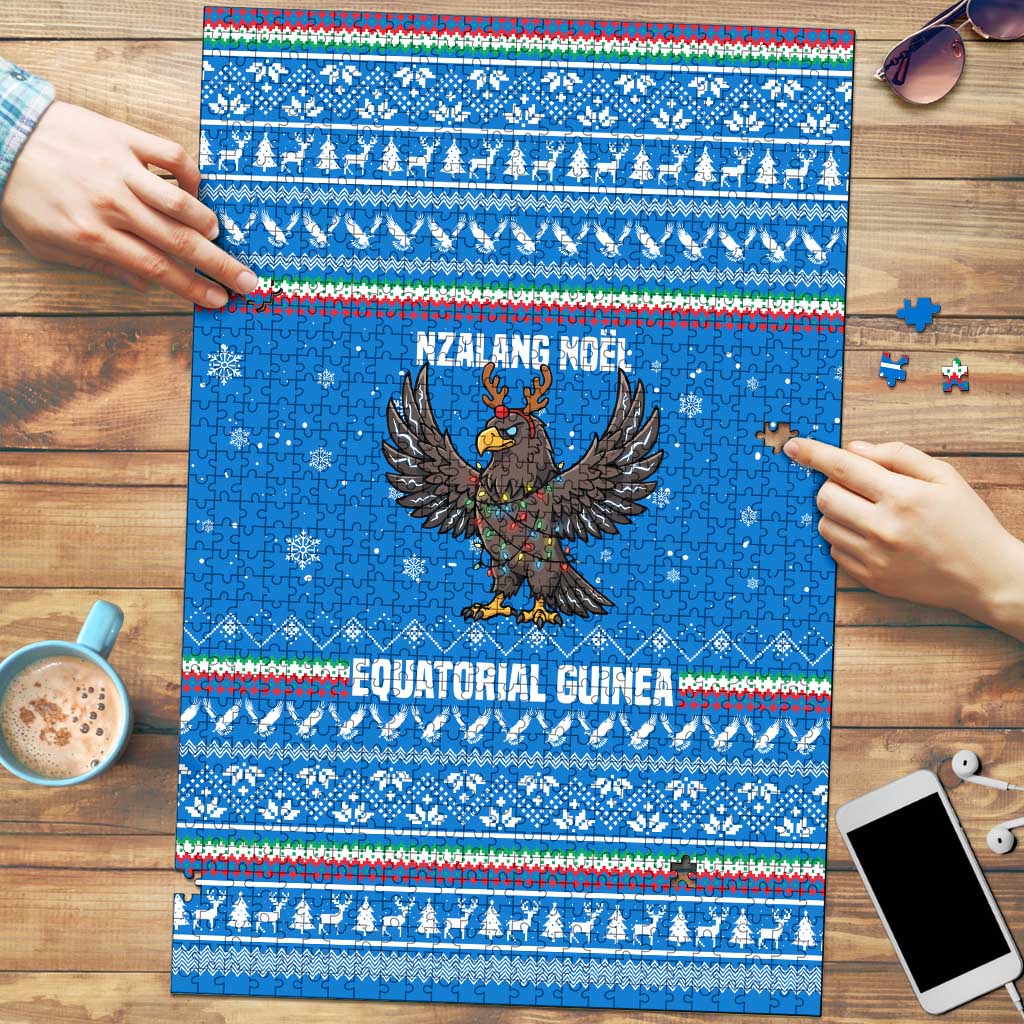 Equatorial Guinea Christmas Puzzle with Nzalang Noel Eagle Flag Snowflakes and Blue Holiday - Wonder Print Shop