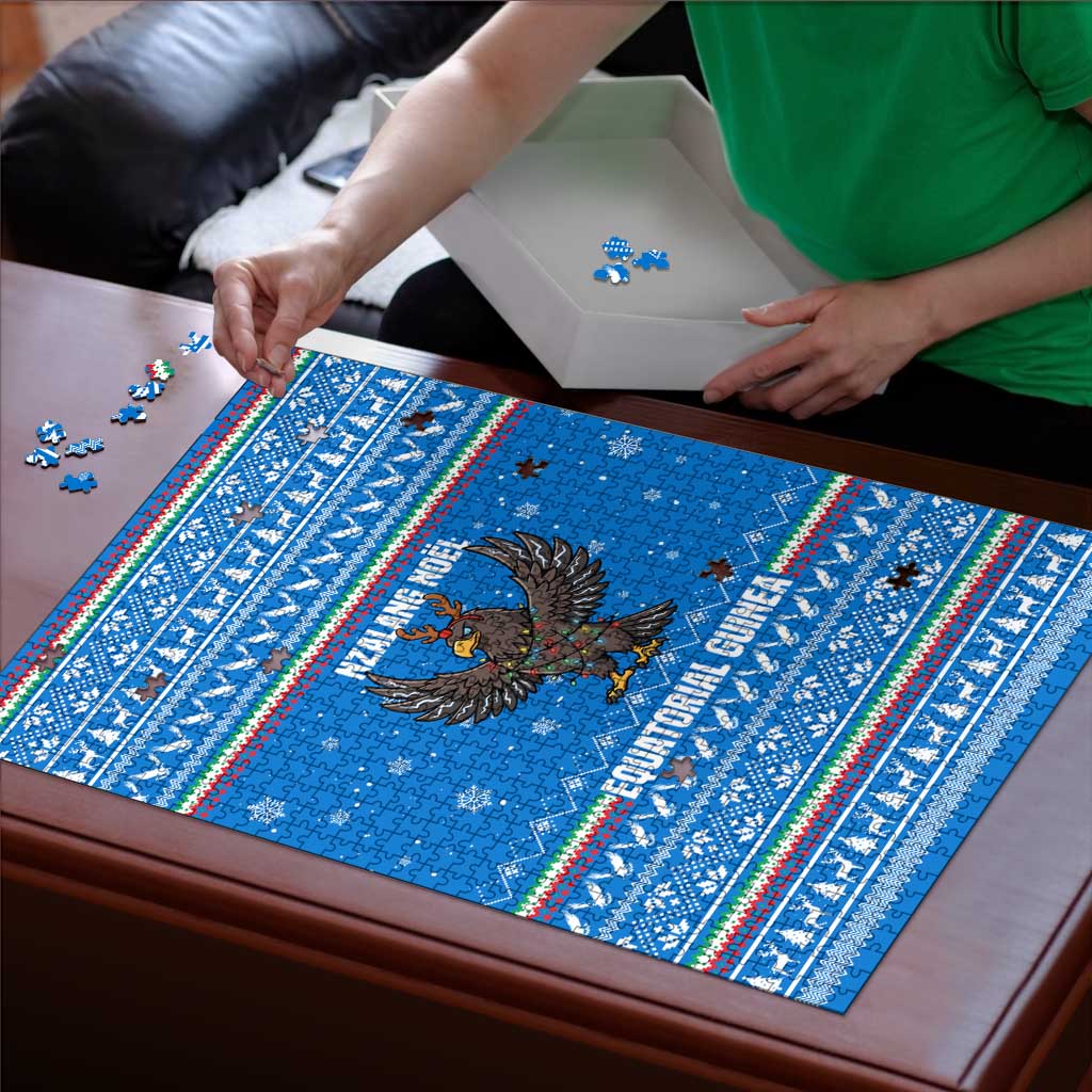 Equatorial Guinea Christmas Puzzle with Nzalang Noel Eagle Flag Snowflakes and Blue Holiday - Wonder Print Shop