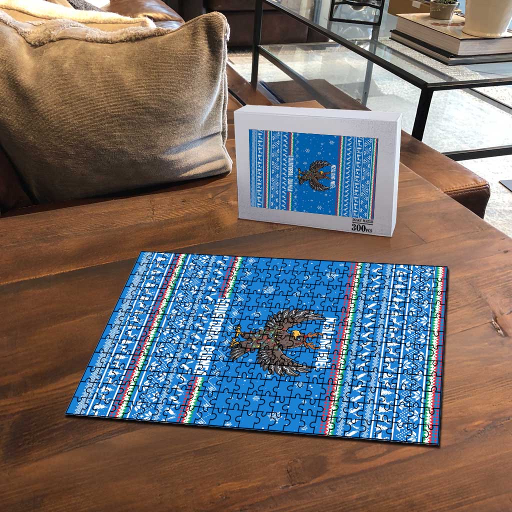 Equatorial Guinea Christmas Puzzle with Nzalang Noel Eagle Flag Snowflakes and Blue Holiday - Wonder Print Shop