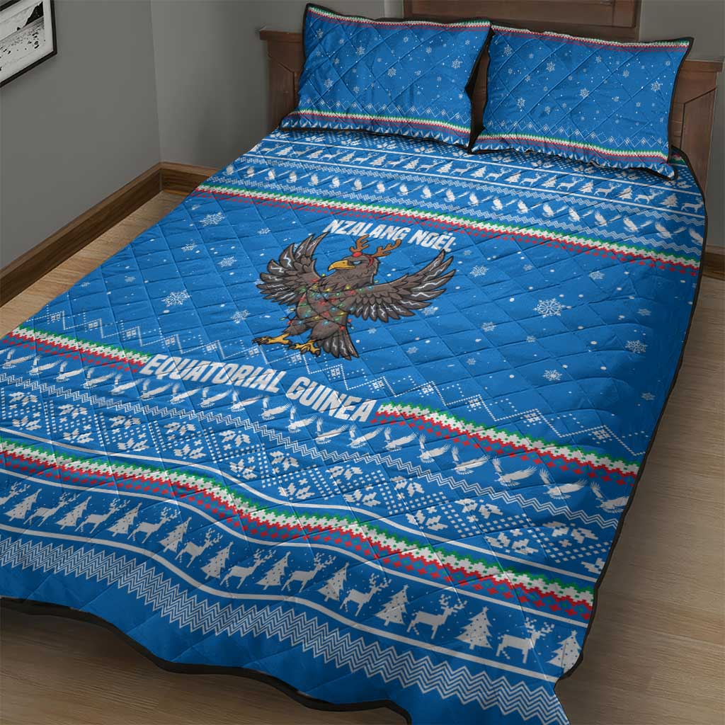 Equatorial Guinea Christmas Quilt Bed Set with Nzalang Noel Eagle Flag Snowflakes and Blue Holiday - Wonder Print Shop