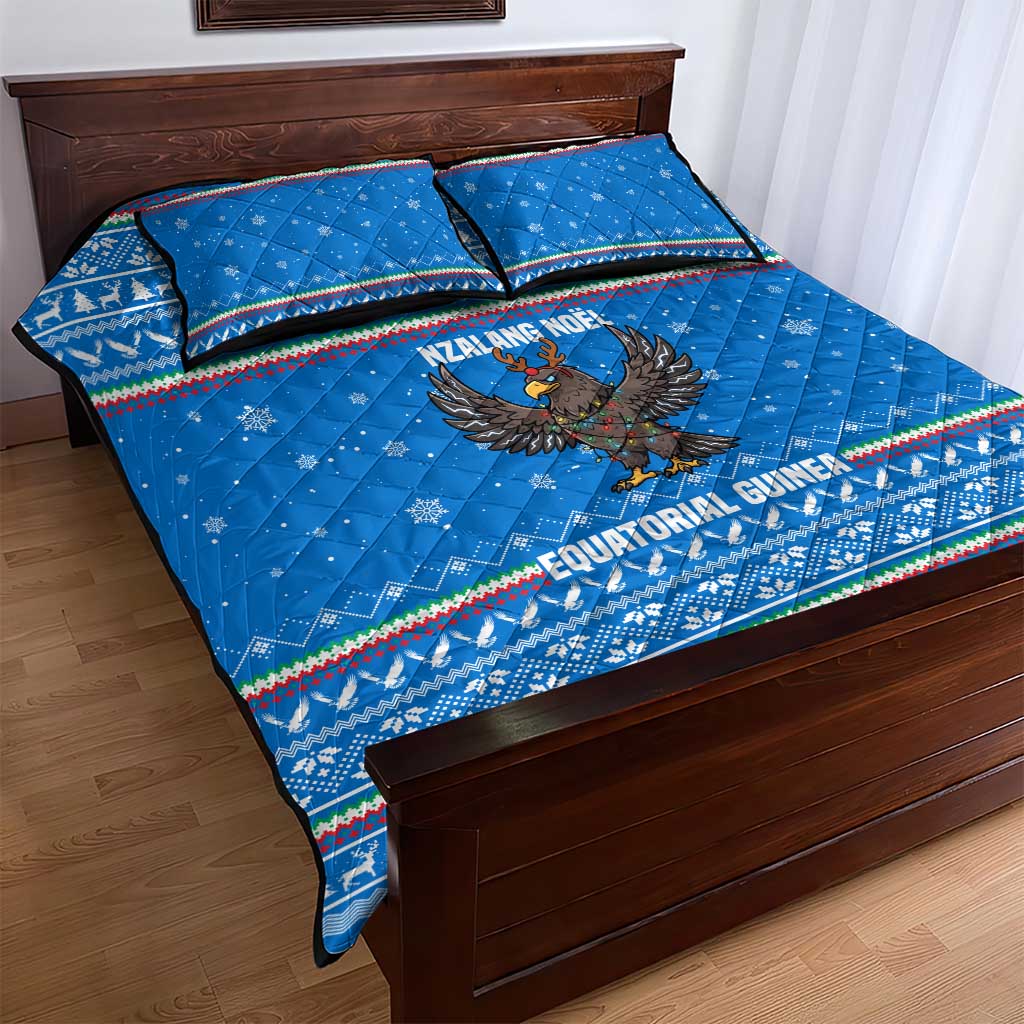 Equatorial Guinea Christmas Quilt Bed Set with Nzalang Noel Eagle Flag Snowflakes and Blue Holiday - Wonder Print Shop