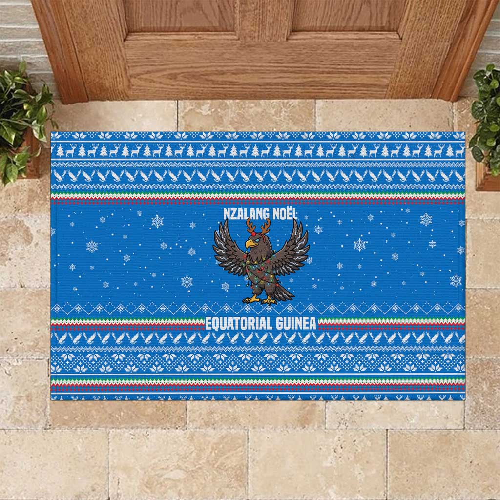 Equatorial Guinea Christmas Rubber Doormat with Nzalang Noel Eagle Flag Snowflakes and Blue Holiday - Wonder Print Shop