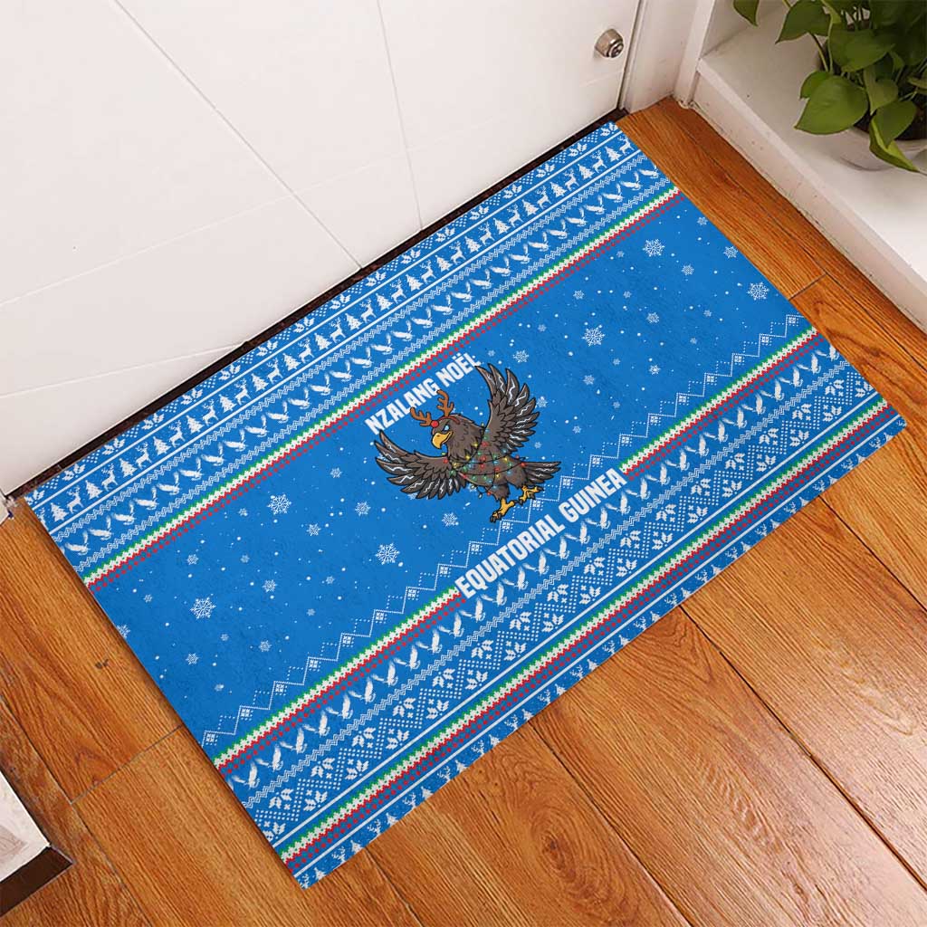 Equatorial Guinea Christmas Rubber Doormat with Nzalang Noel Eagle Flag Snowflakes and Blue Holiday - Wonder Print Shop
