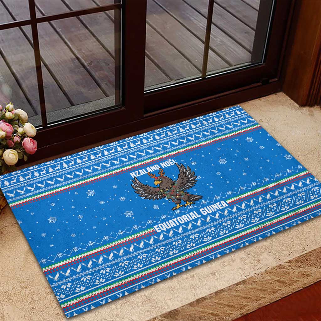 Equatorial Guinea Christmas Rubber Doormat with Nzalang Noel Eagle Flag Snowflakes and Blue Holiday - Wonder Print Shop