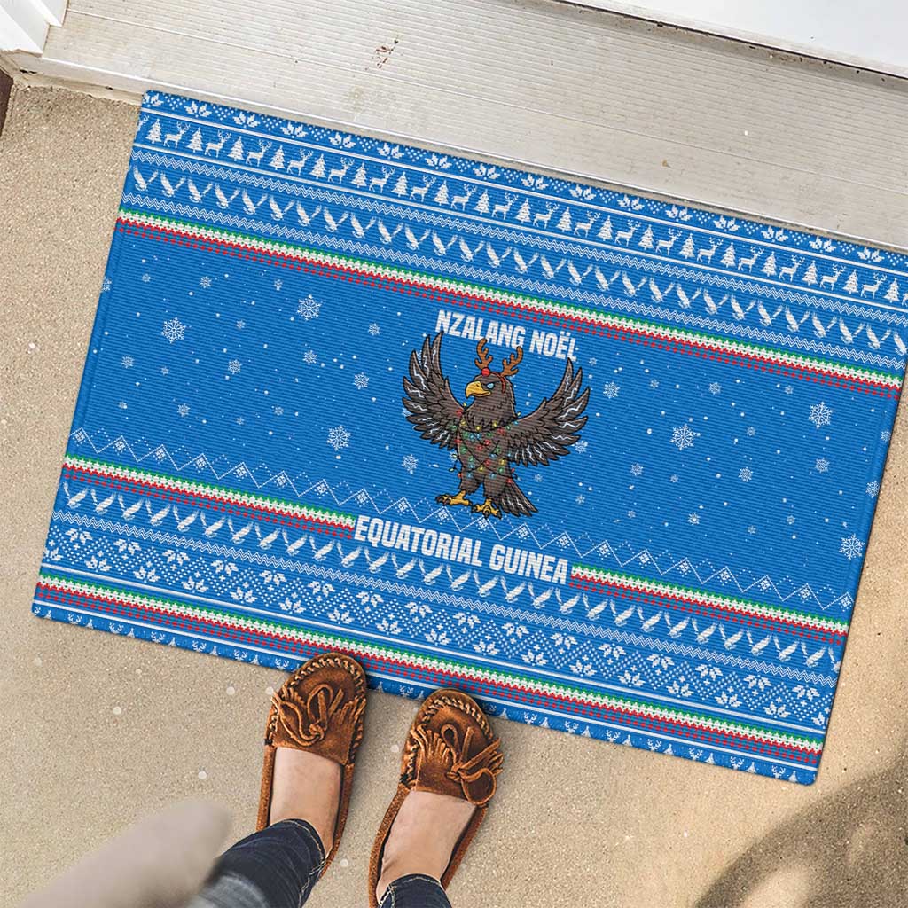 Equatorial Guinea Christmas Rubber Doormat with Nzalang Noel Eagle Flag Snowflakes and Blue Holiday - Wonder Print Shop