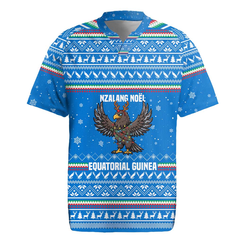 Equatorial Guinea Christmas Rugby Jersey with Nzalang Noel Eagle Flag Snowflakes and Blue Holiday - Wonder Print Shop