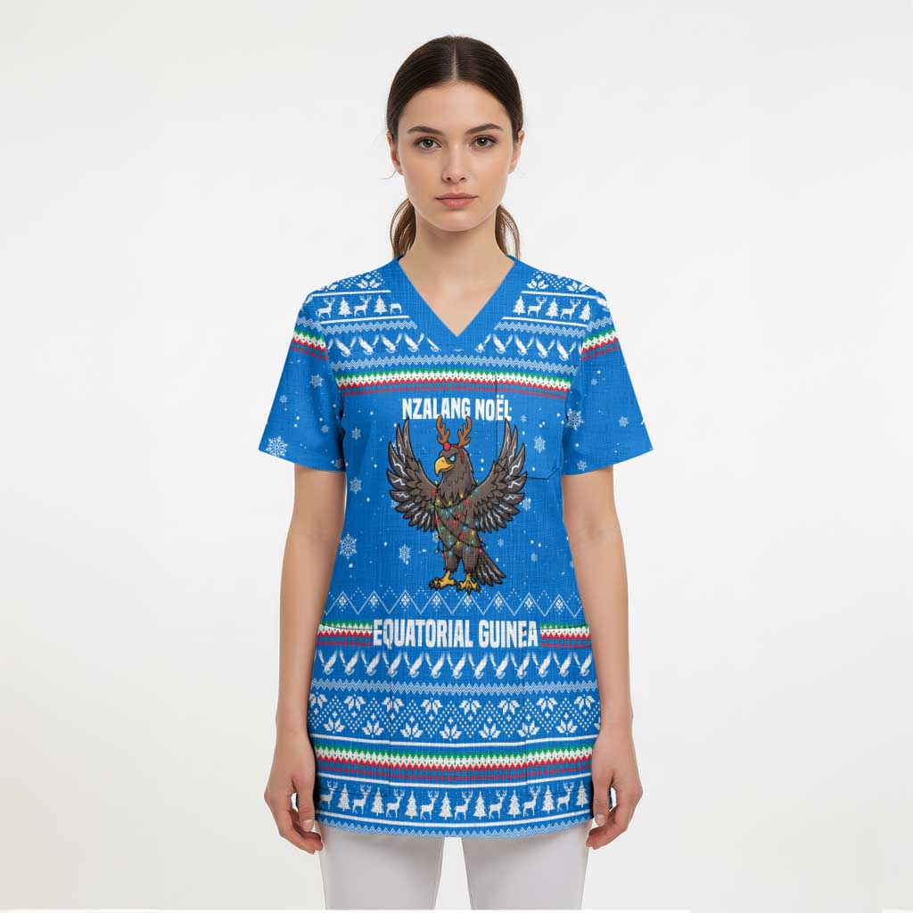 Equatorial Guinea Christmas Scrub Top with Nzalang Noel Eagle Flag Snowflakes and Blue Holiday - undefined