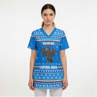 Equatorial Guinea Christmas Scrub Top with Nzalang Noel Eagle Flag Snowflakes and Blue Holiday - undefined