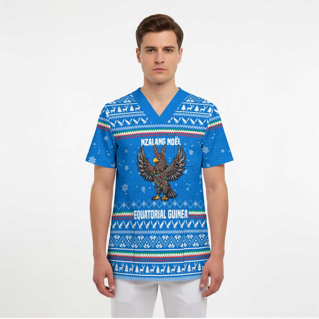 Equatorial Guinea Christmas Scrub Top with Nzalang Noel Eagle Flag Snowflakes and Blue Holiday - undefined