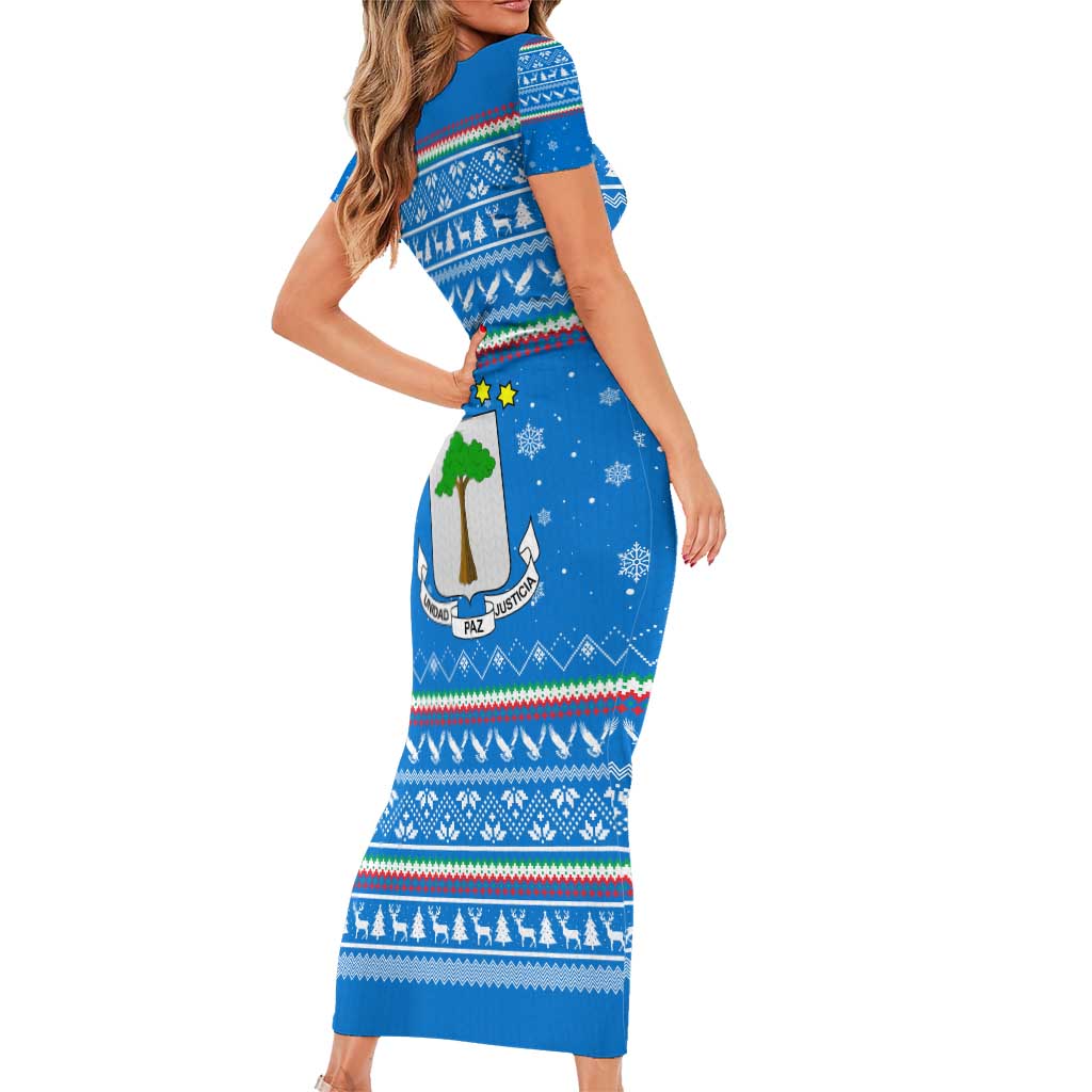 Equatorial Guinea Christmas Short Sleeve Bodycon Dress with Nzalang Noel Eagle Flag Snowflakes and Blue Holiday - Wonder Print Shop