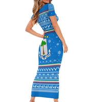 Equatorial Guinea Christmas Short Sleeve Bodycon Dress with Nzalang Noel Eagle Flag Snowflakes and Blue Holiday - Wonder Print Shop