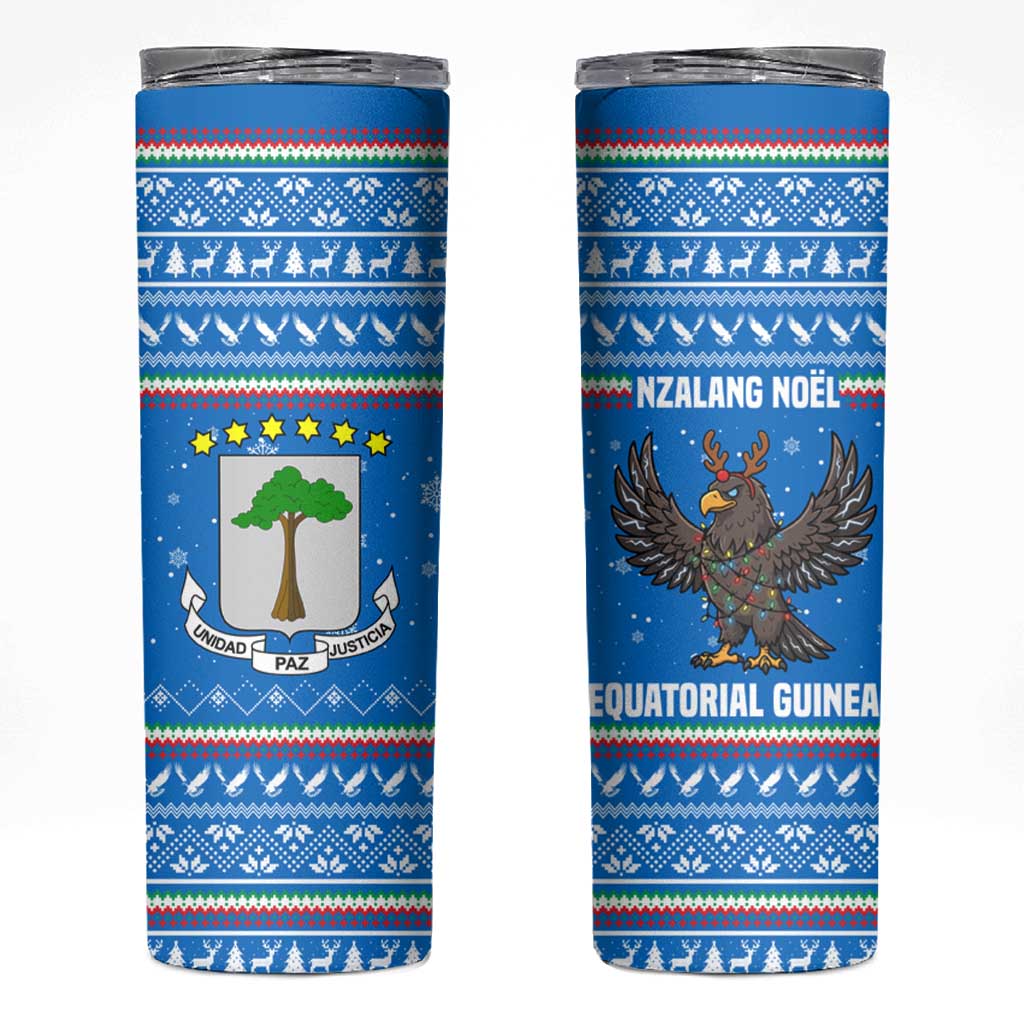 Equatorial Guinea Christmas Skinny Tumbler with Nzalang Noel Eagle Flag Snowflakes and Blue Holiday - Wonder Print Shop