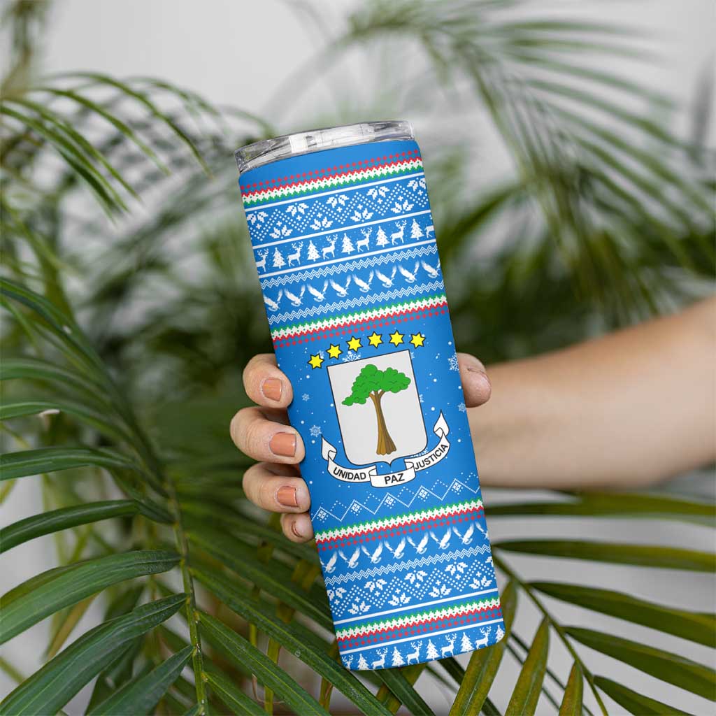 Equatorial Guinea Christmas Skinny Tumbler with Nzalang Noel Eagle Flag Snowflakes and Blue Holiday - Wonder Print Shop