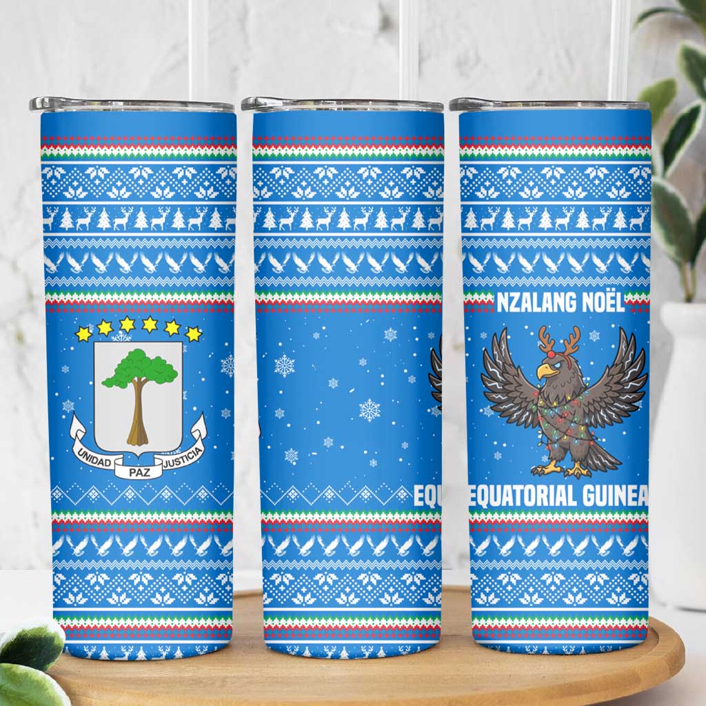 Equatorial Guinea Christmas Skinny Tumbler with Nzalang Noel Eagle Flag Snowflakes and Blue Holiday - Wonder Print Shop