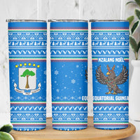 Equatorial Guinea Christmas Skinny Tumbler with Nzalang Noel Eagle Flag Snowflakes and Blue Holiday - Wonder Print Shop