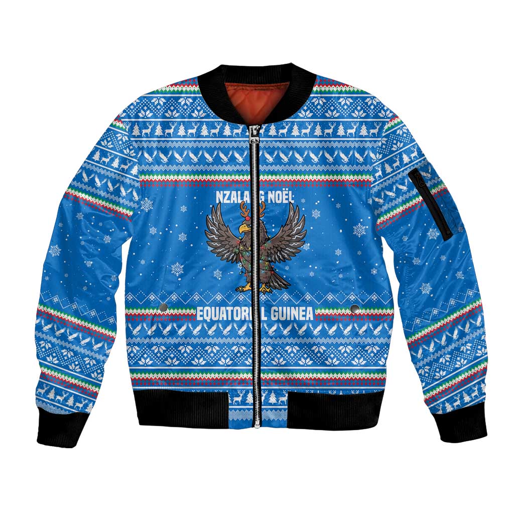 Equatorial Guinea Christmas Sleeve Zip Bomber Jacket with Nzalang Noel Eagle Flag Snowflakes and Blue Holiday - Wonder Print Shop