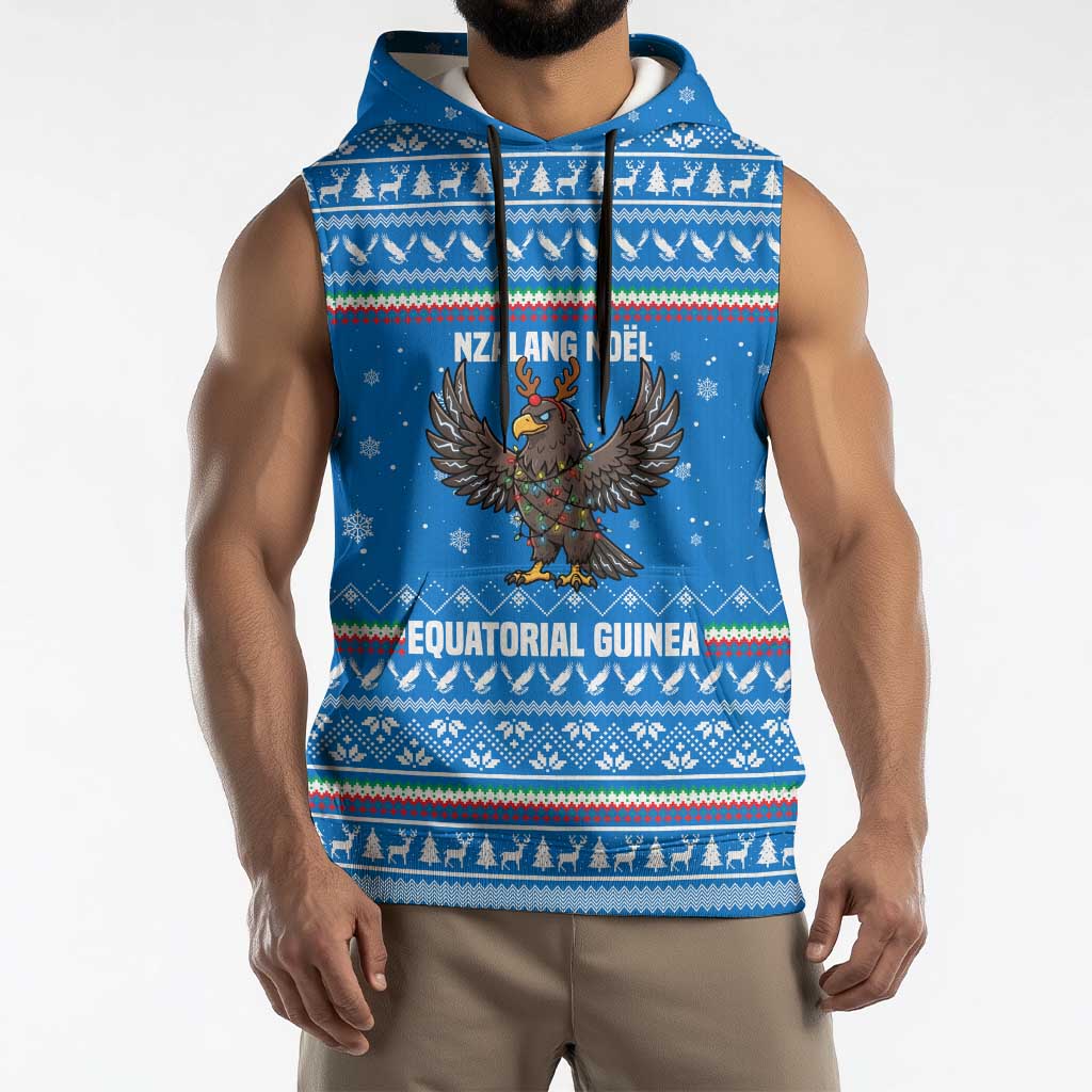 Equatorial Guinea Christmas Sleeveless Hoodie with Nzalang Noel Eagle Flag Snowflakes and Blue Holiday - Wonder Print Shop