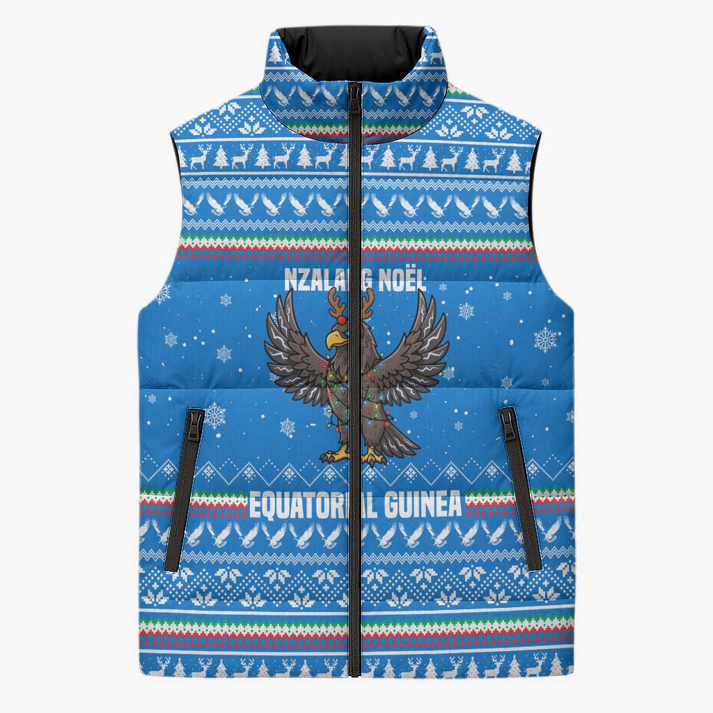 Equatorial Guinea Christmas Sleeveless Puffer Jacket with Nzalang Noel Eagle Flag Snowflakes and Blue Holiday - Wonder Print Shop