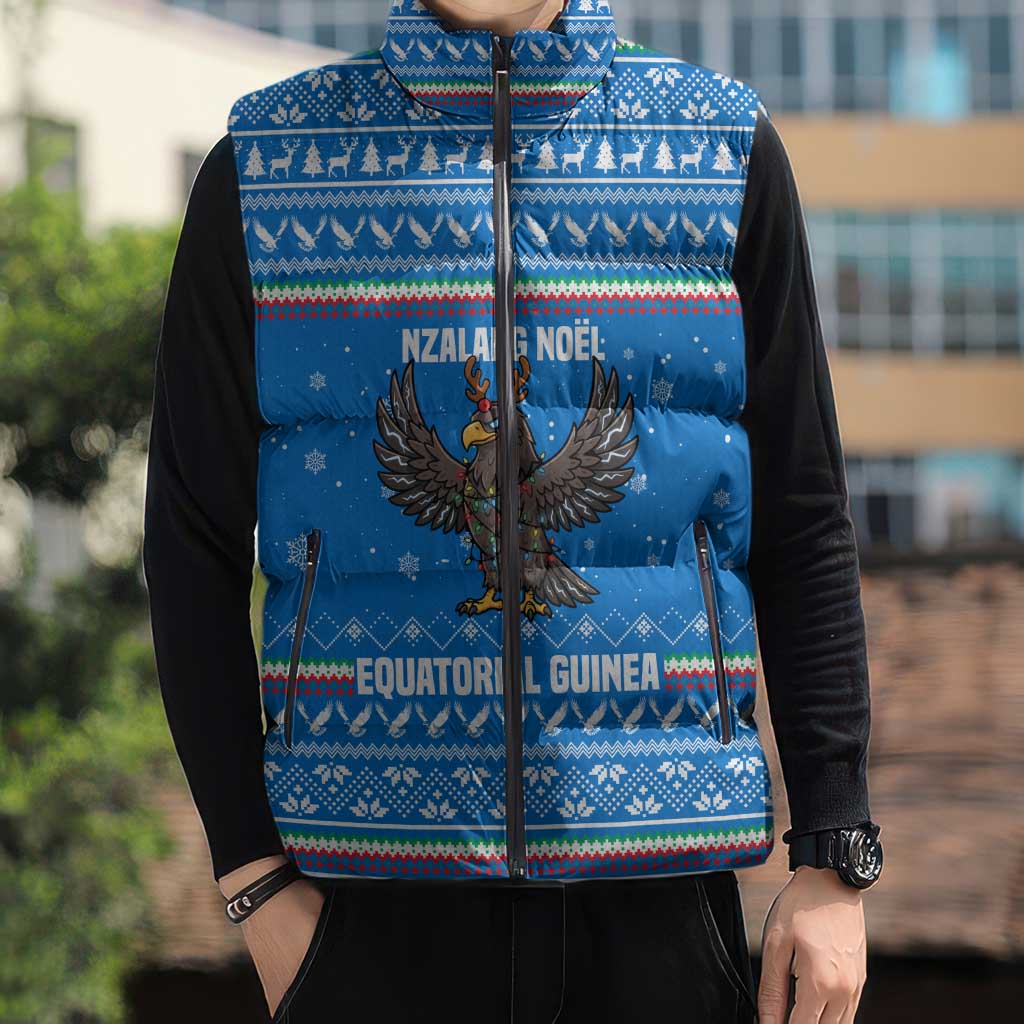 Equatorial Guinea Christmas Sleeveless Puffer Jacket with Nzalang Noel Eagle Flag Snowflakes and Blue Holiday - Wonder Print Shop