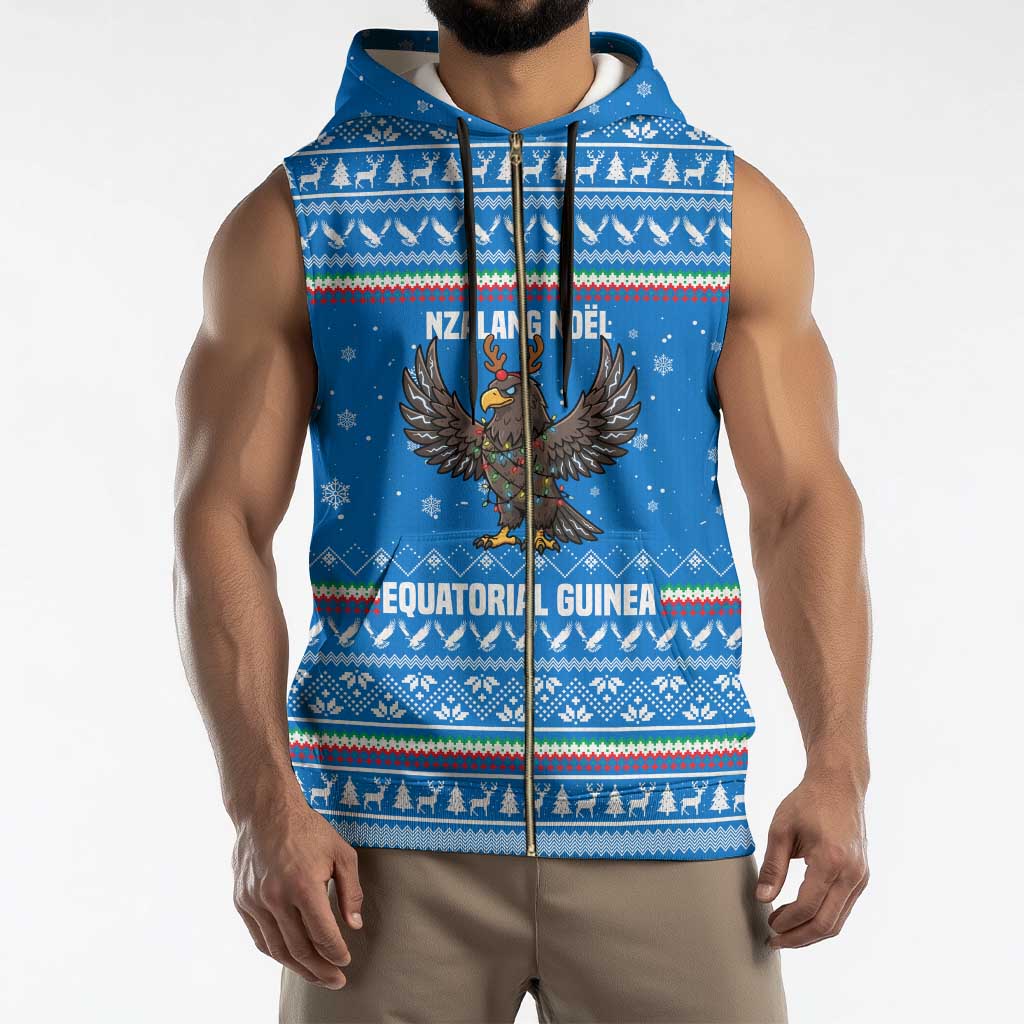 Equatorial Guinea Christmas Sleeveless Zip Hoodie with Nzalang Noel Eagle Flag Snowflakes and Blue Holiday - Wonder Print Shop